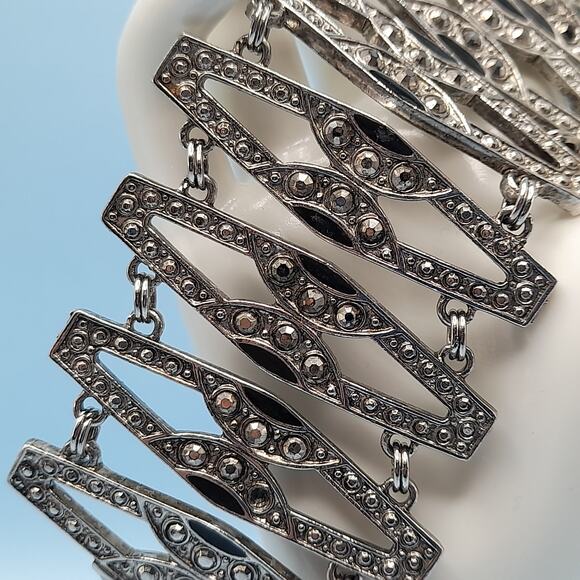 Vintage Art Deco Faux Marcasite Rhinestone Wide Bracelet, 7 1/4 Inches, 1980s - Picture 3 of 9